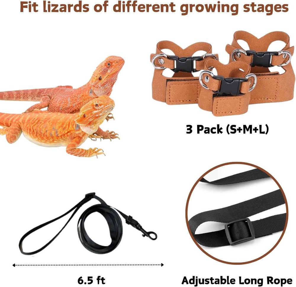 3 Pack Bearded Dragon Harness and Leash Set - Small, Medium, Large, Brown
