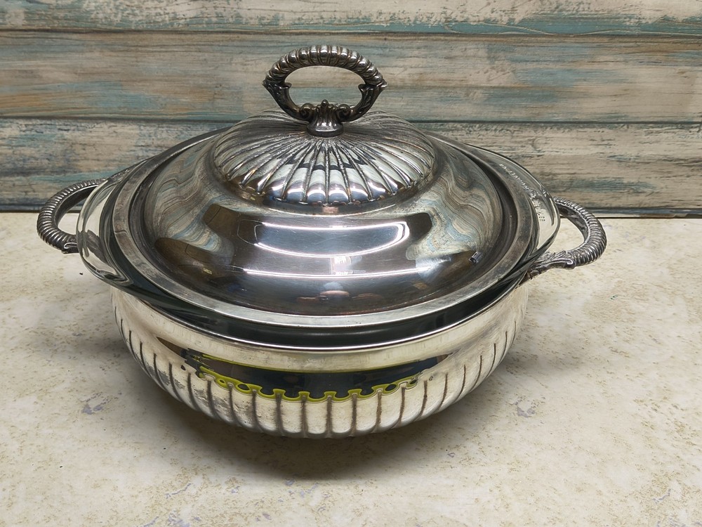 Silverplate round foote casserole dish with original Pyrex liner