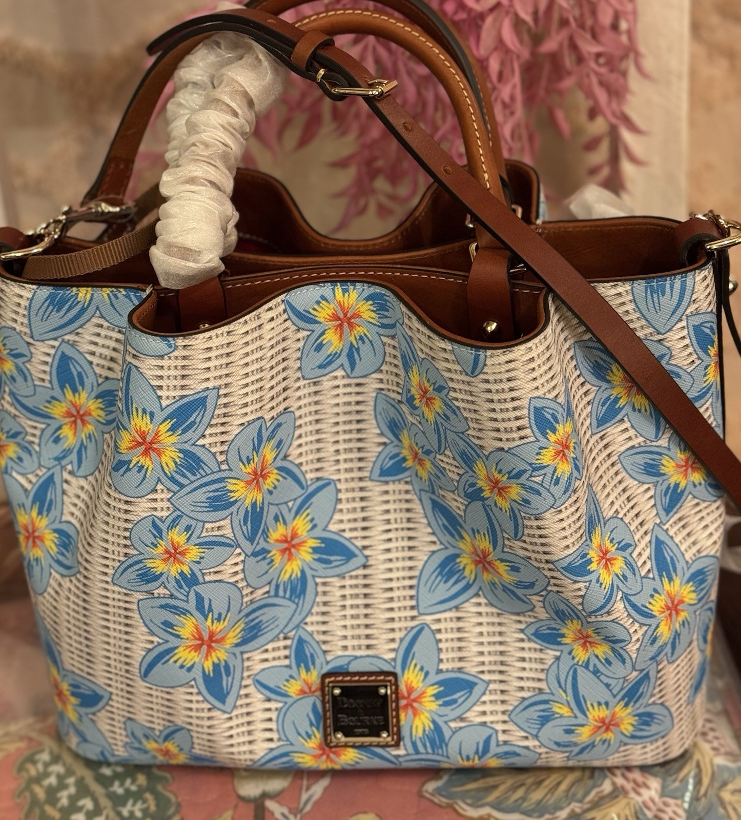 Dooney & Bourke Disney Medium Handbag Floral Print White Blue Yellow Brown
