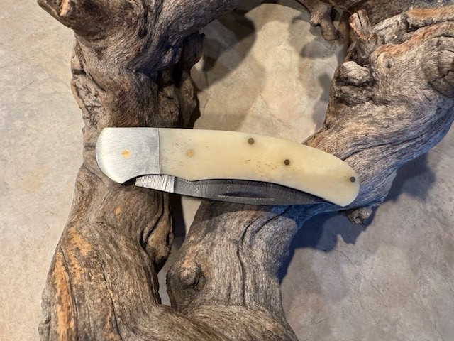 Big Damascus folding blade knife w/ white bone handle