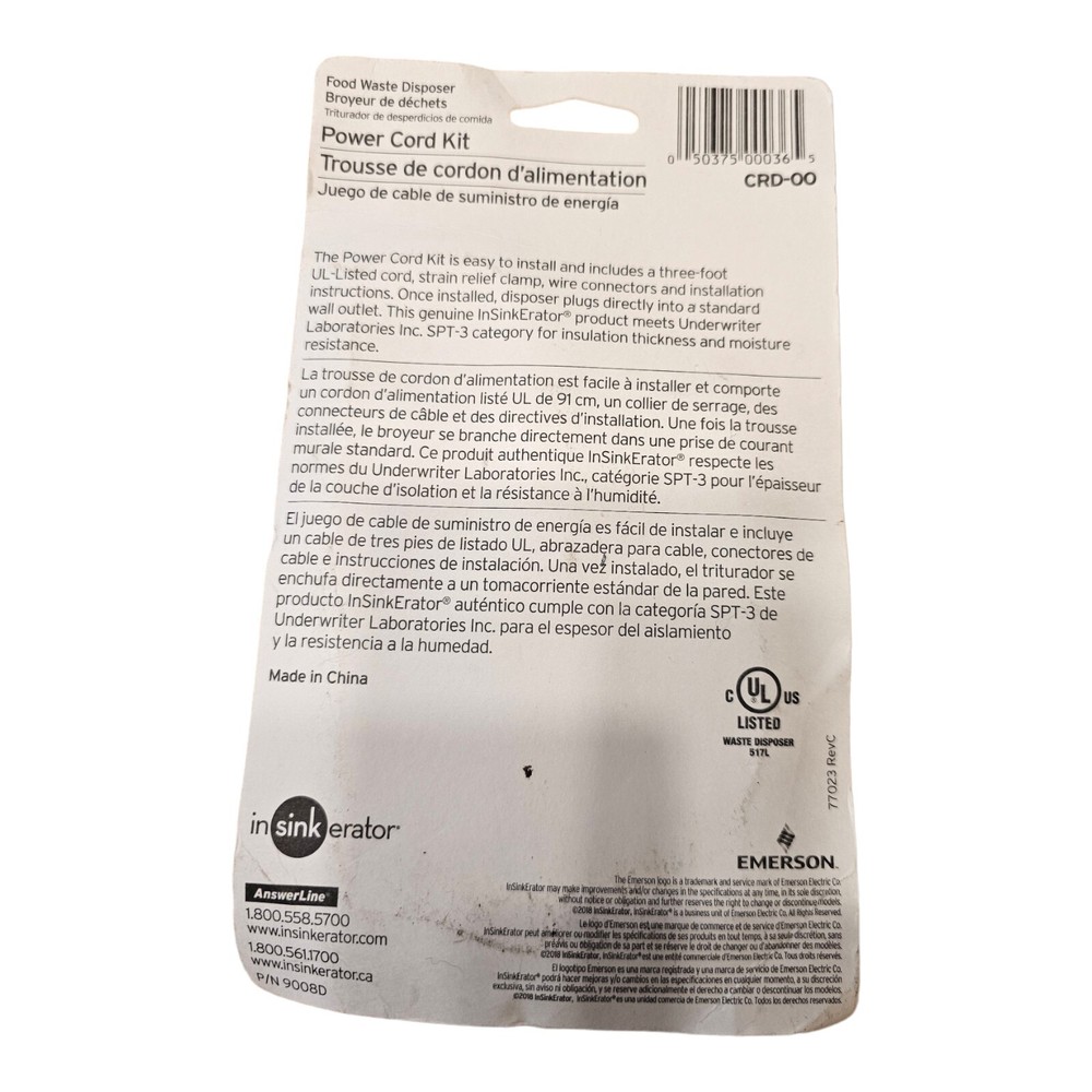 InSinkErator Garbage Disposal Power Cord Kit, CRD-00 , Black