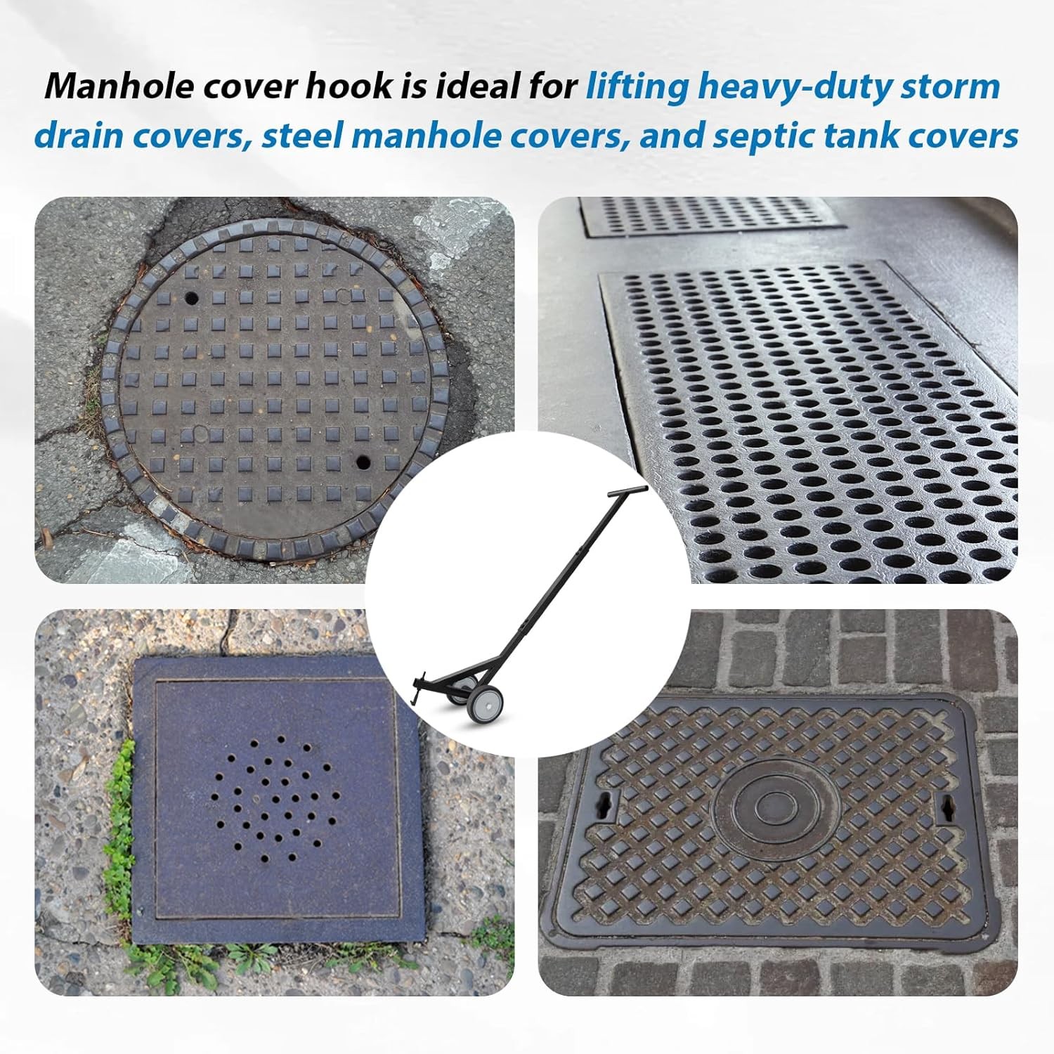 Heavy Duty Manhole Cover Hook with Wheels,Multipurpose Lifting and Pulling