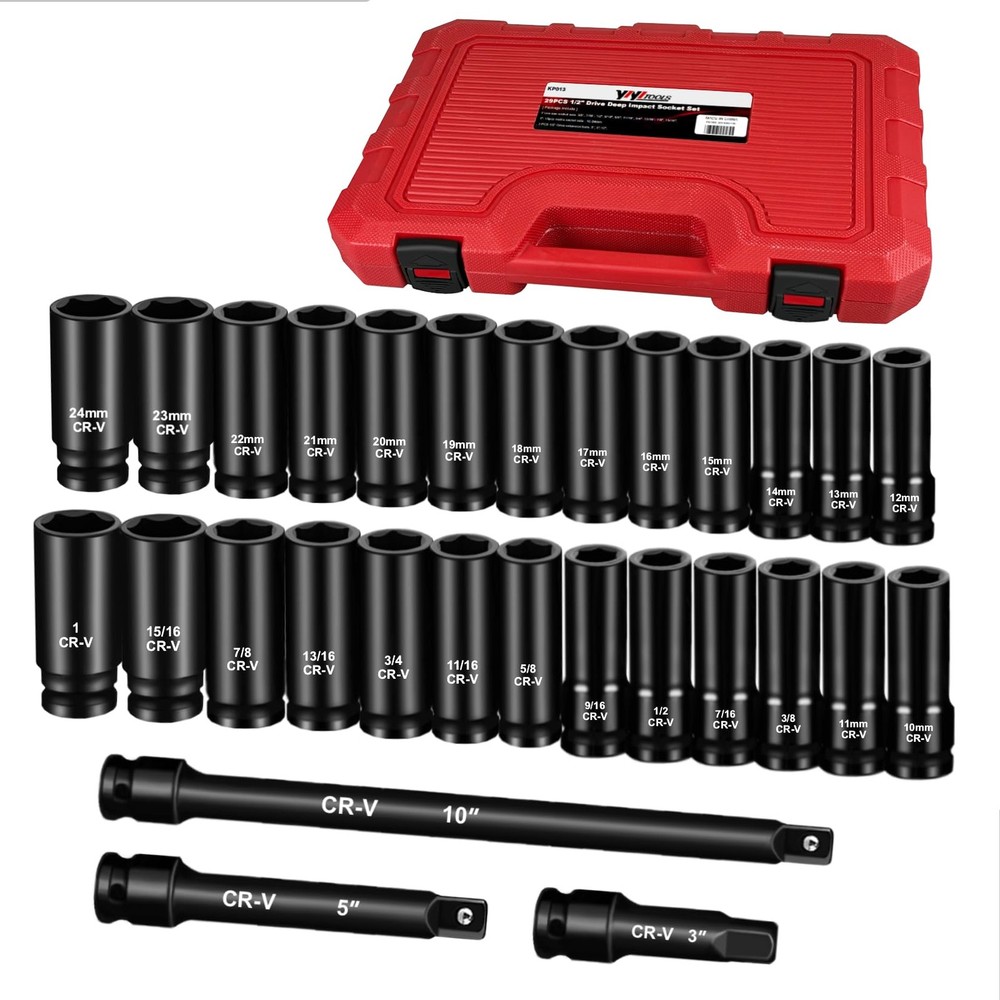 1/2 Drive Socket Set, 29-Piece Deep Impact Socket Set, Standard SAE (3/8"- 1"...