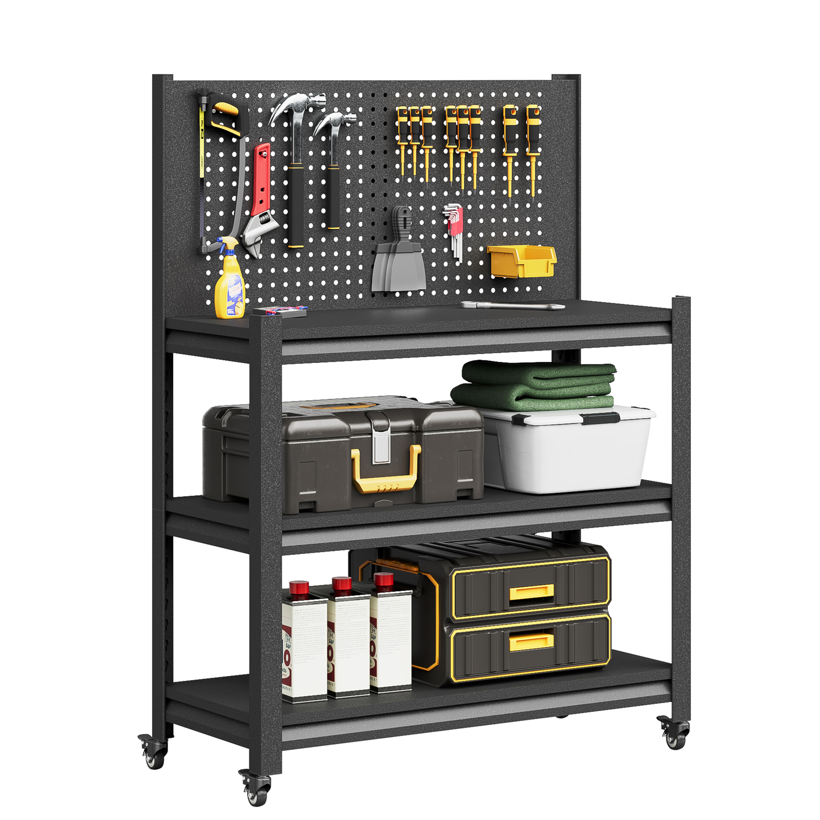 Garage Workbench Tool Storage Shelves w/Pegboard Metal Work Bench With 4 Wheels