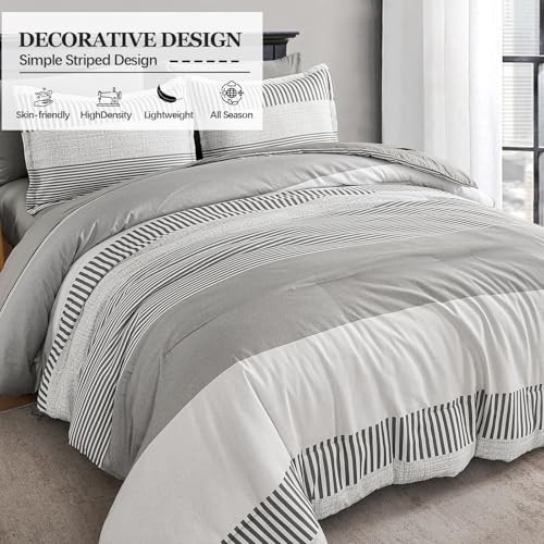 Comforter 7 Pieces,Classic Striped Design Comforter Set,Grey Bedding Queen Gray
