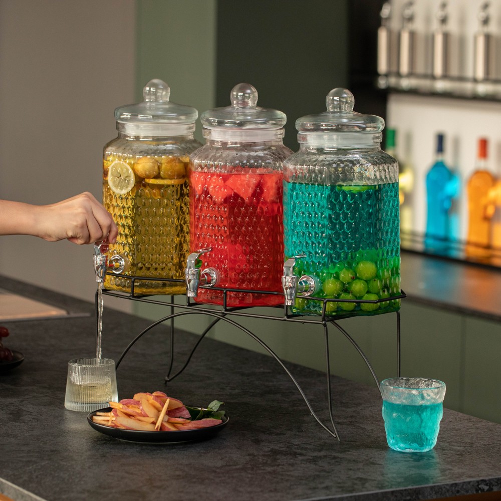 3-Piece Glass Drink Dispenser Set with Metal Stand & Stainless Steel Spigot