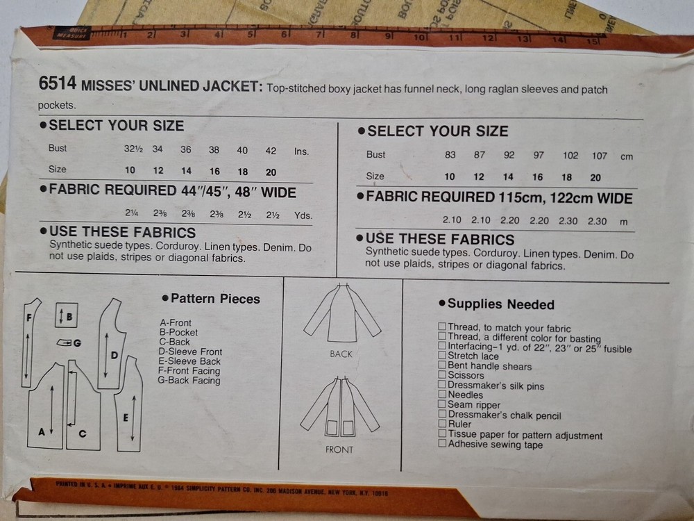 Cardigan Blazer Jacket 16 Simplicity 6514 Sewing Pattern VTG Beginners Level 3