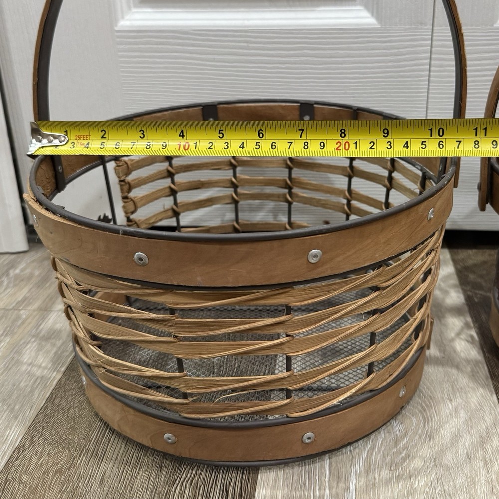 2 Wicker Wire Baskets Large & Medium Fall Autumn Leaves Moveable Handles Rivets