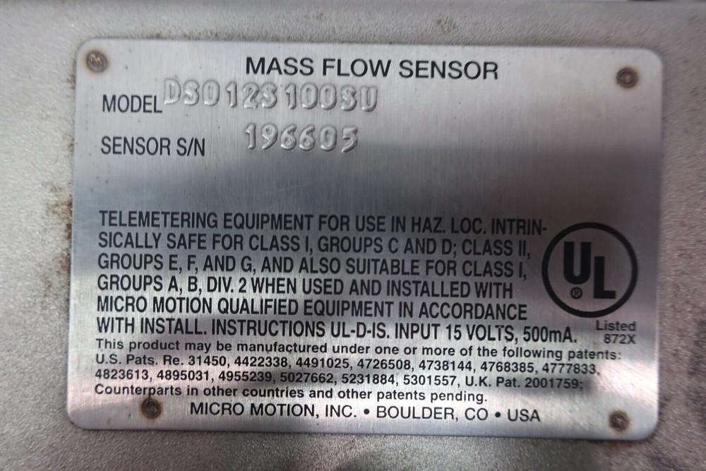 Micro Motion DS012S100SU Mass Flow Sensor