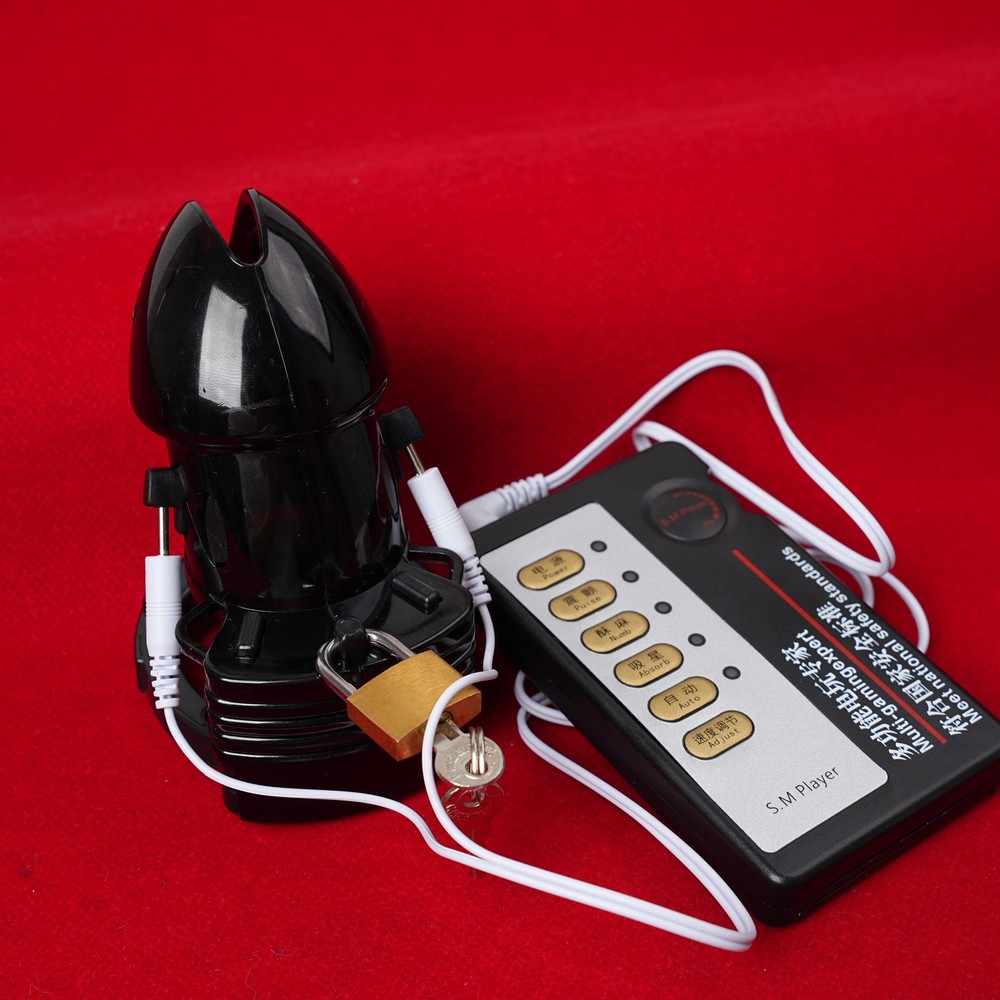 Mens Adjustable Shock Penis Cage E-Stim Chastity Device control box With Straps