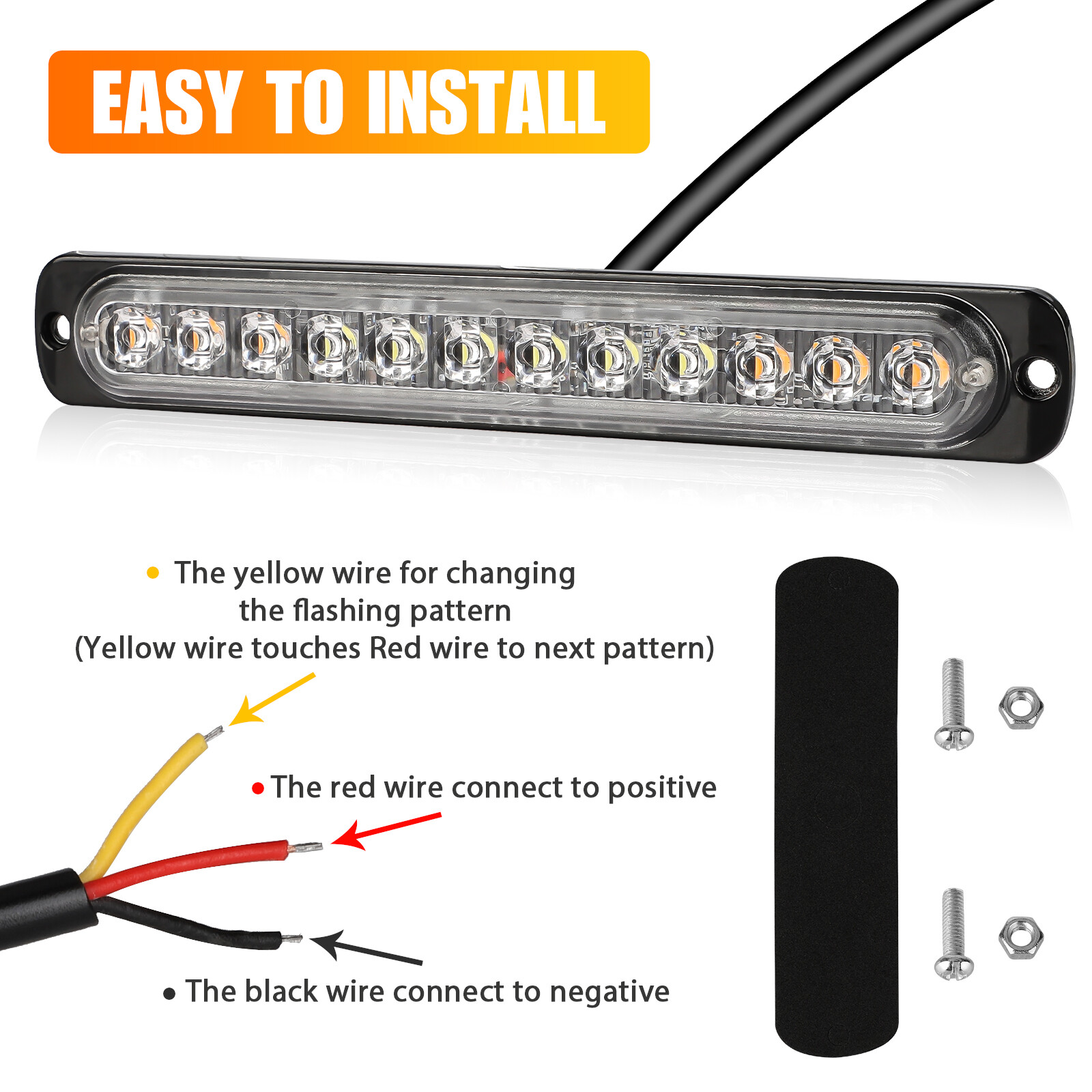 4PCS Amber/White 12 LED Car Truck Strobe Light Bar Flashing Warning Hazard Lamps