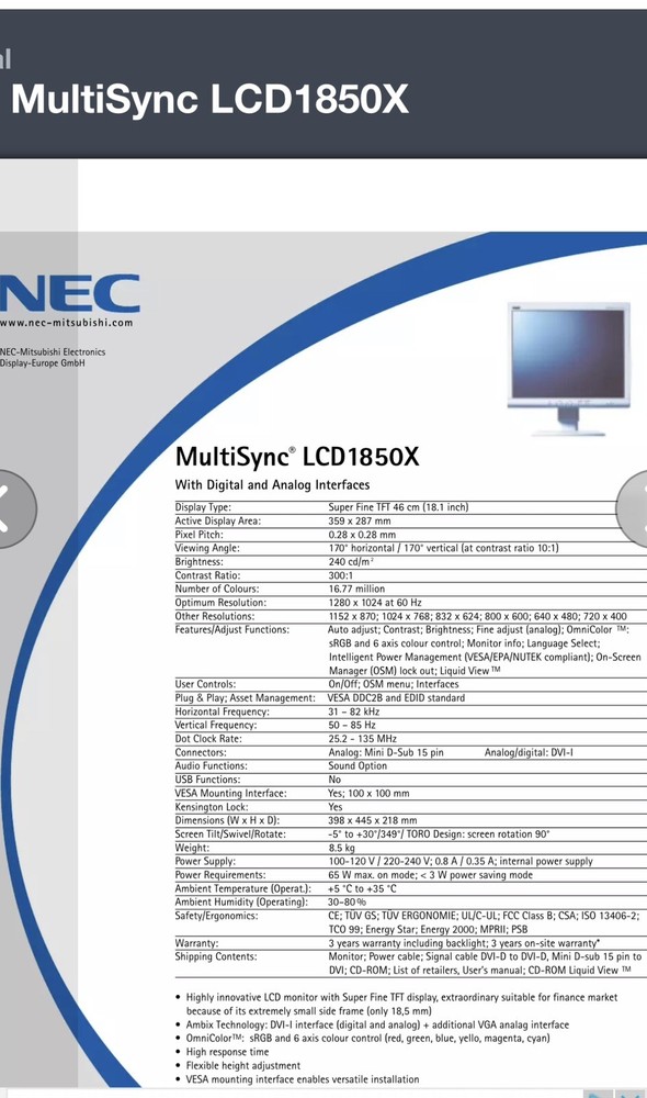 NEC MultiSync LCD1850X " LCD Monitor |