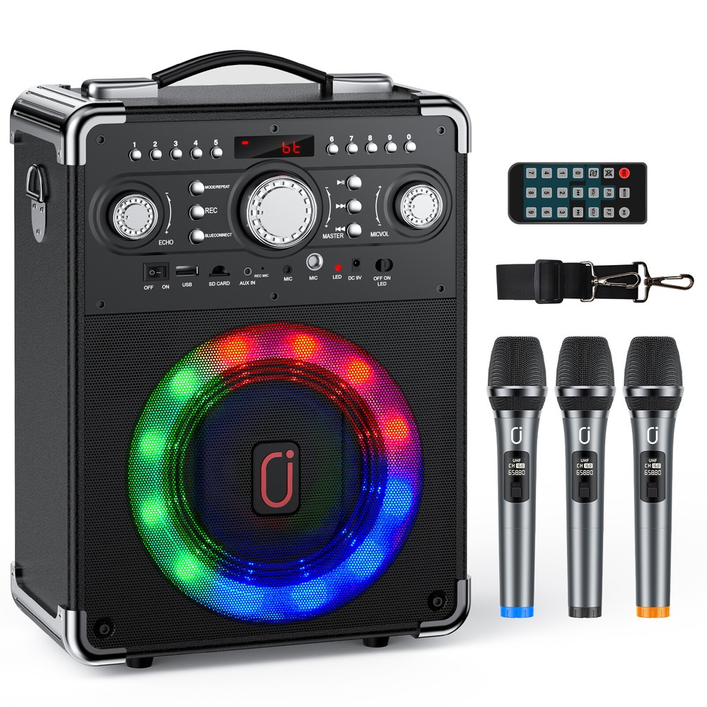Portable Karaoke Machine With 3 Wireless Microphones HD Stereo Bluetooth Speaker