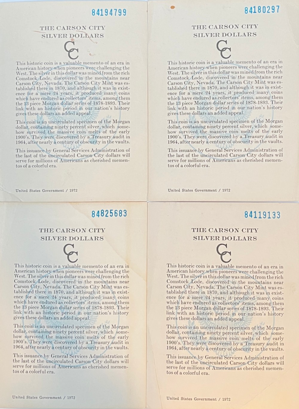 1884 Carson City Silver Dollars GSA COA Certificate (1) Creasing/Stain/Imperfect