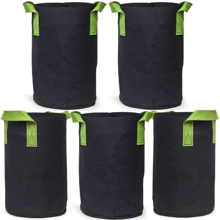5-Pk 5-Gallon Tall Aeration Fabric Pots/Tree Grow Bag, Black w/Handles 15H x 10D
