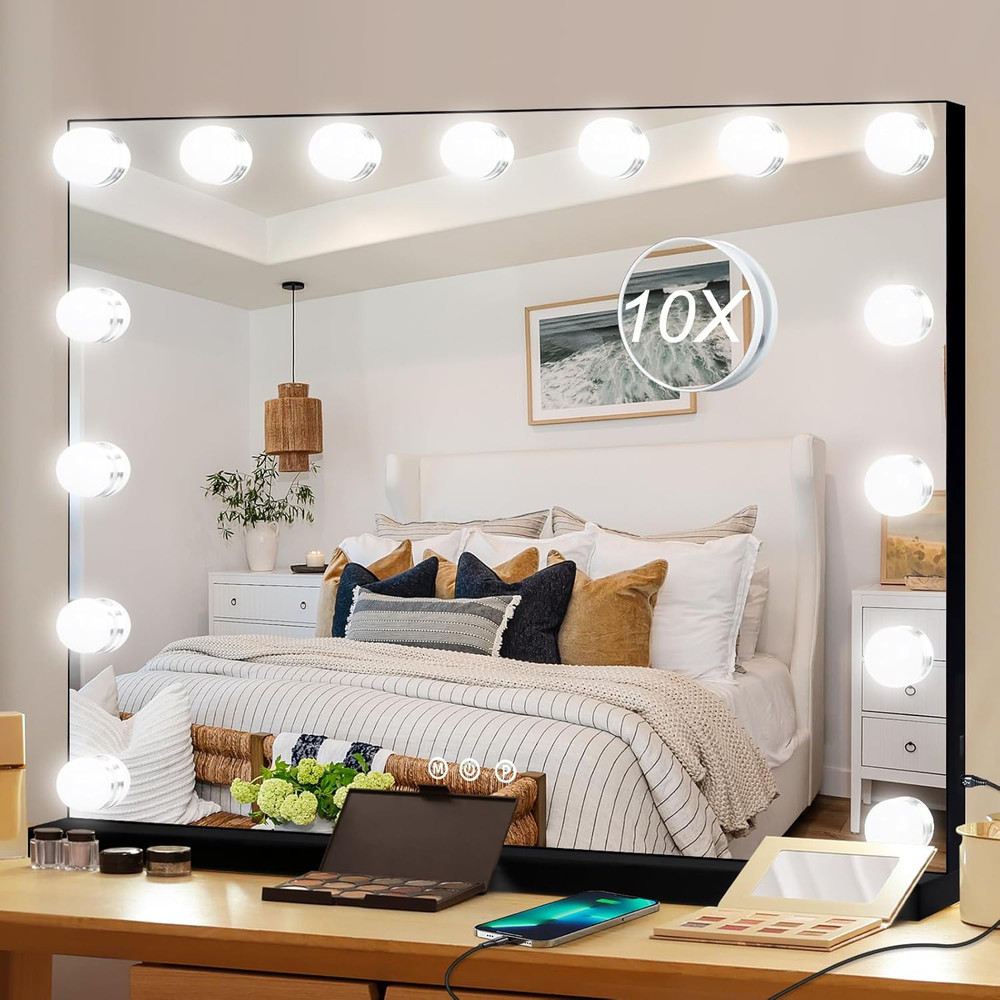 Black Hollywood Lighted Makeup Mirror with 15 Dimmable Bulbs