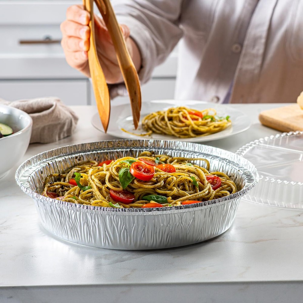 Disposable round aluminum foil pan with clear plastic dome lid