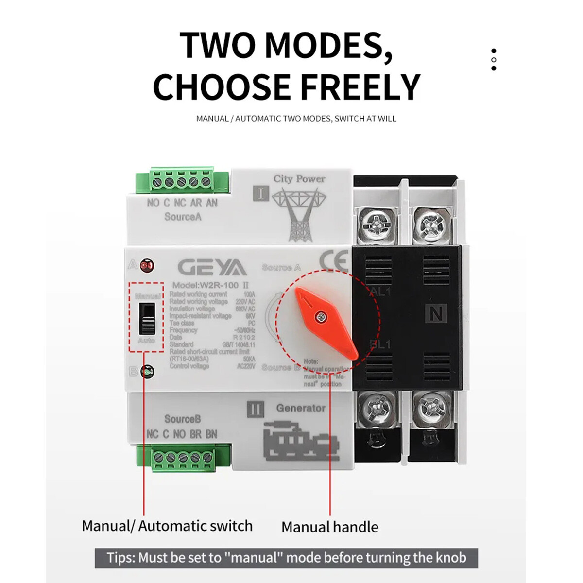 GEYA ATS PC Dual Power Automatic Power 2Pole 100A 220V Transfer Switch Grid NEW