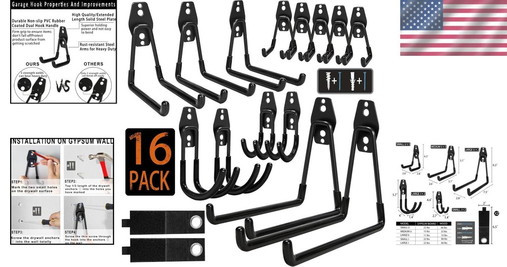 Efficient Storage Solution: 16 Heavy Duty Anti-Slip Garage Hooks for All Needs