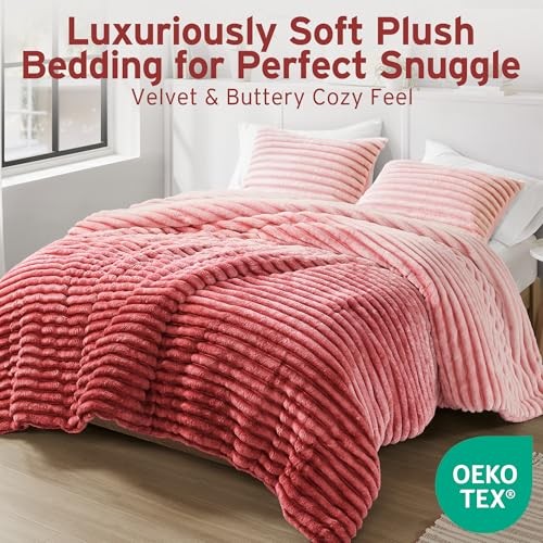 Queen Comforter Set, Plush Bedding, Microfiber Reverse, Full/Queen Blush Ombre