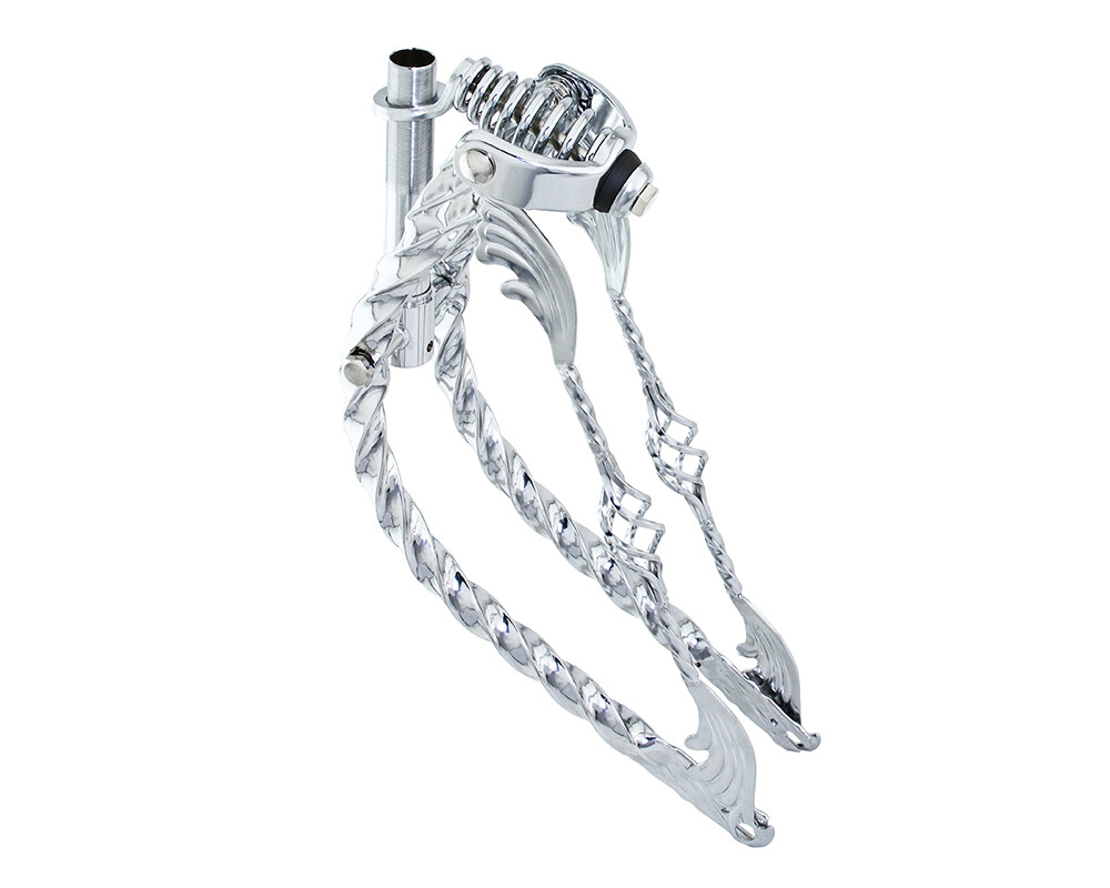 20 Bent Square Twisted Spring Fork 1 Inch W/Twisted Wing Cage Bars Chrome.