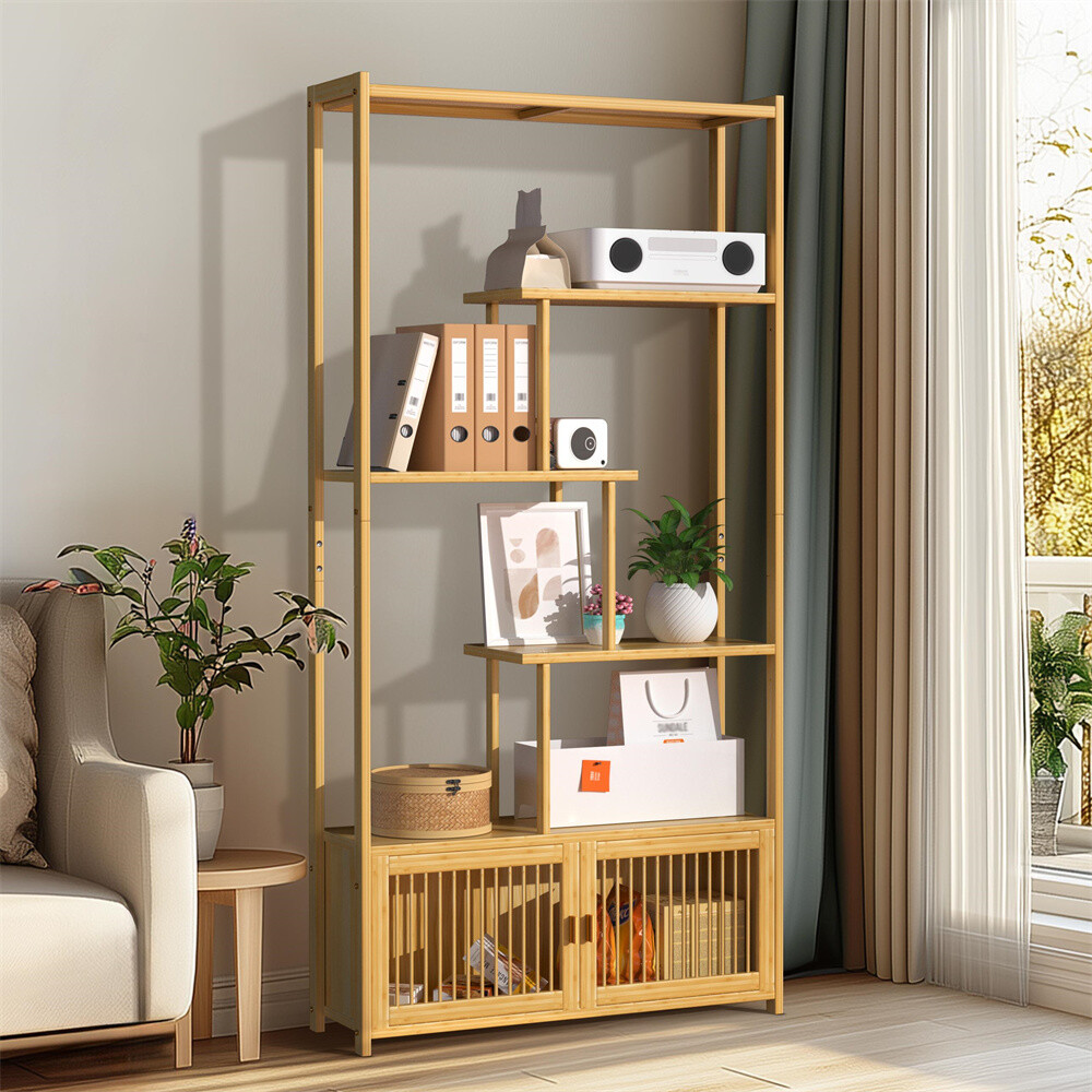 Bamboo 6-tier Storage Rack Blind Door Cabinet Staggered Shelf Etagere Bookcase
