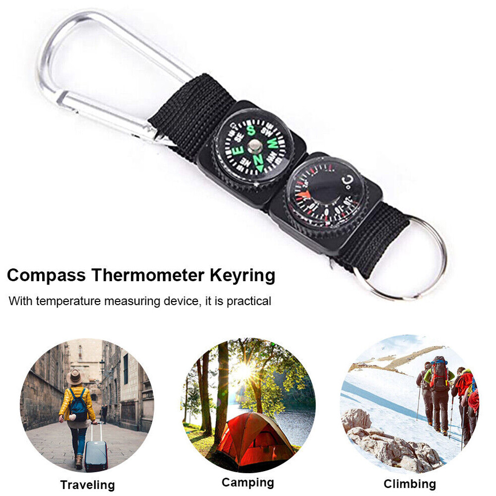 3PCS Mini Compass Thermometer Outdoor Camping Survival Keychain Carabiner Kits