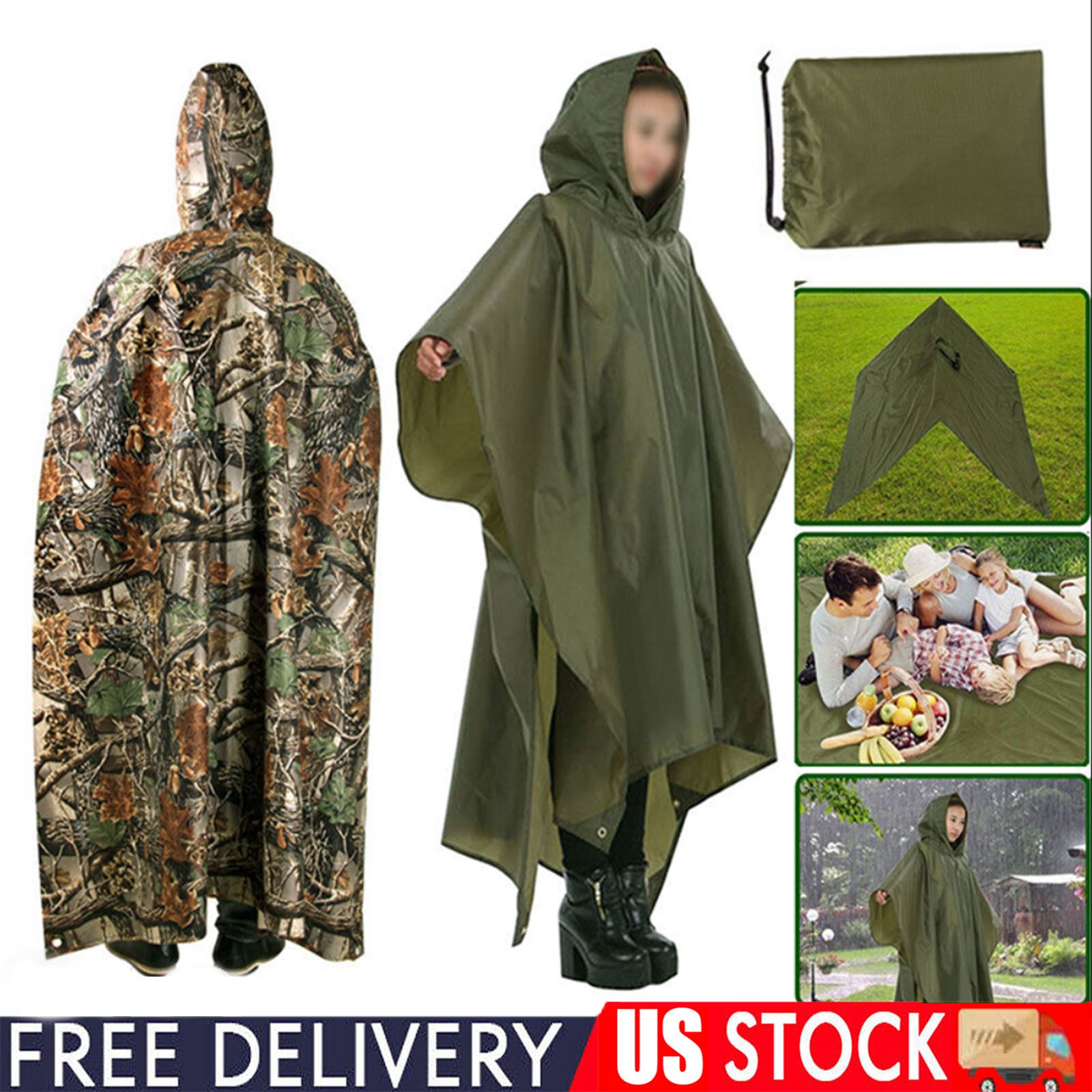 New US Military Ripstop Woodland Wet Weather Raincoat Poncho Camping Hiking Camo