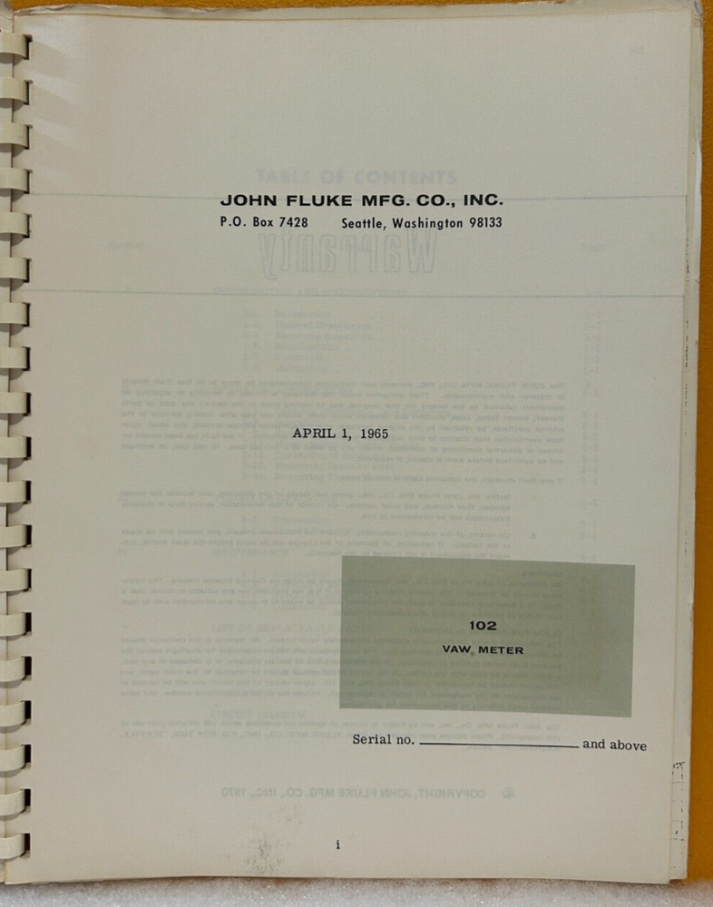 Fluke 102 Vaw Meter Instruction Manual.