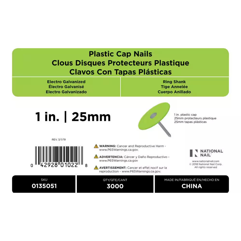 1 In. (2D) Electro Galvanized Ring Shank Nail with Plastic Cap (3000-Count)