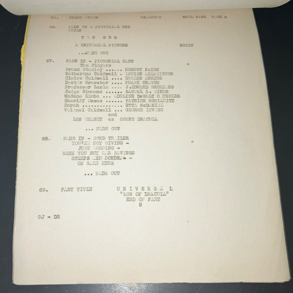 SON OF DRACULA (3/5/43) Rare Universal File Continuity Script + Trailer Script!!