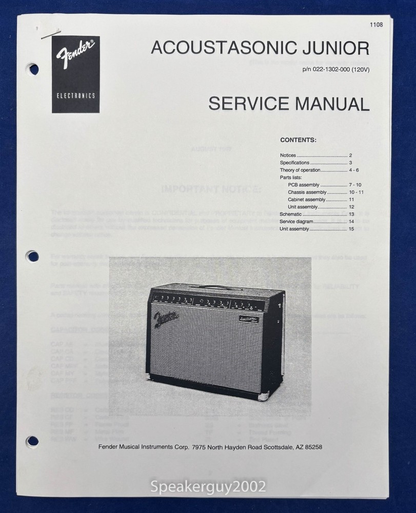 Original Fender Acoustasonic Junior Service Manual