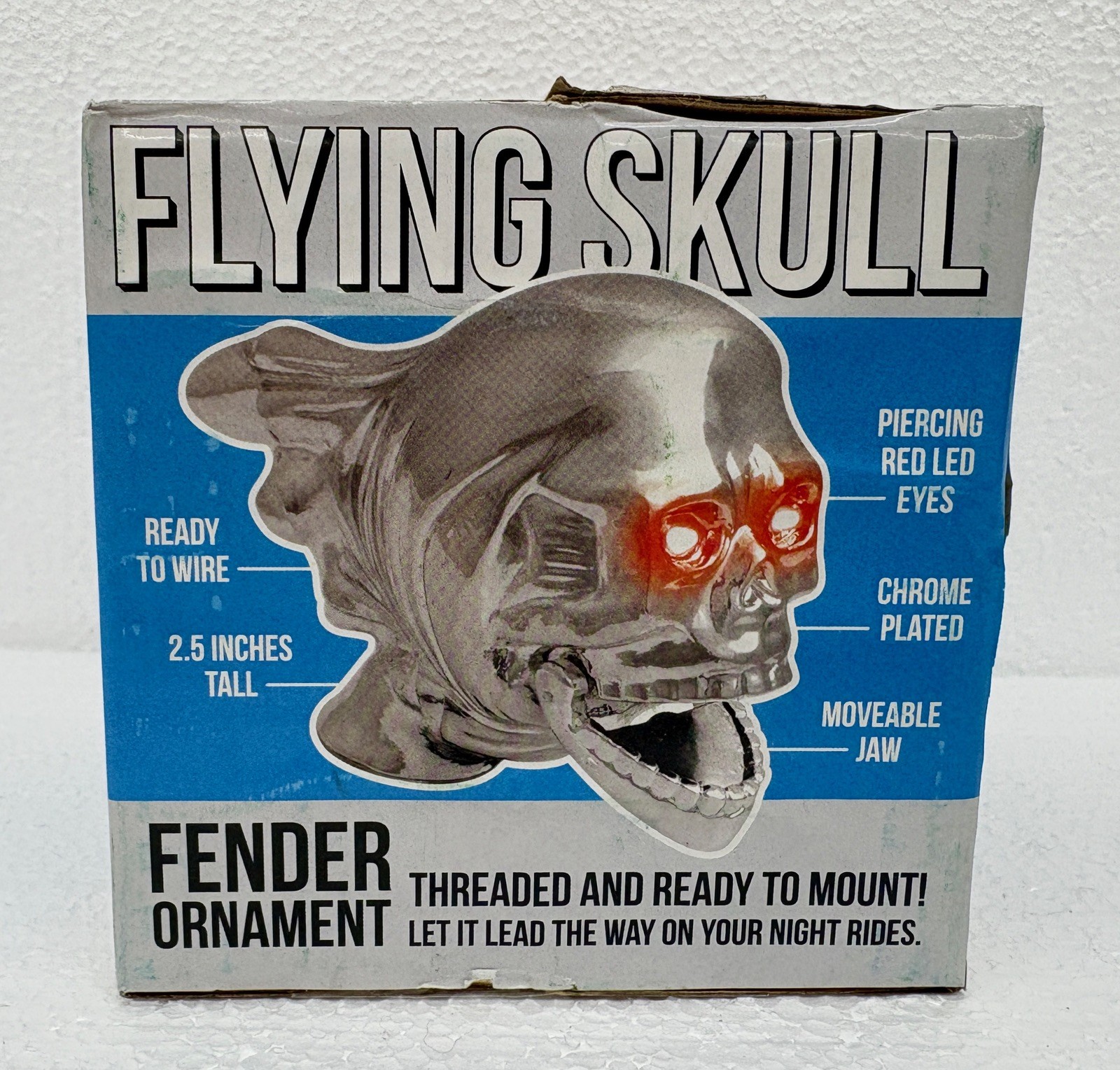 NEW NOS Vtg Flying Skull Chrome Motorcycle Bike Fender Ornament  w/ Red LED Eyes