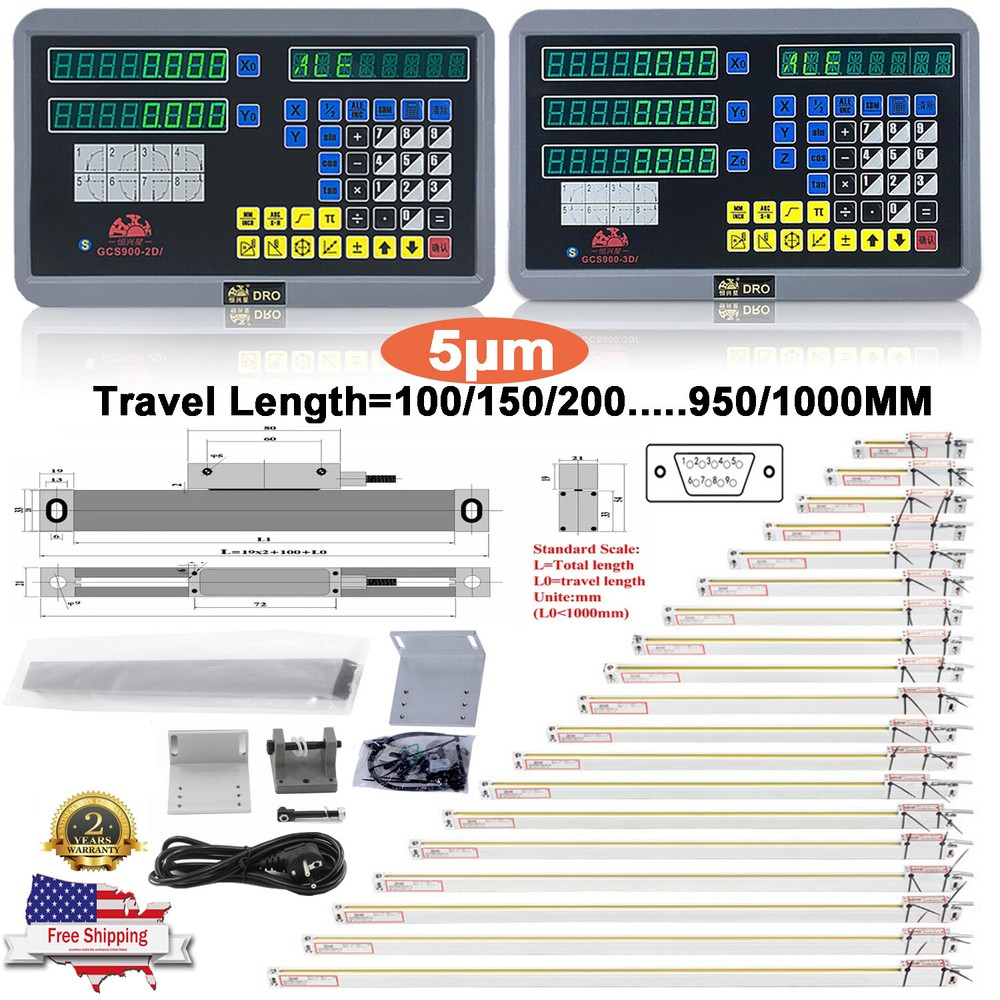 2Axis/3Axis Digital Readout DRO Display Linear Scale Encoder for Mill Lathe US