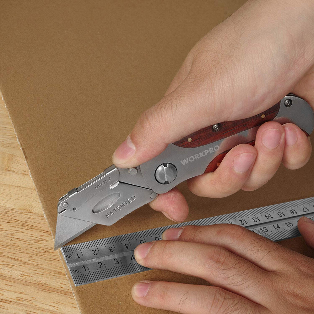 WORKPRO Folding Utility Knife Quick Change Blade Wood Grain Handle and Back Lock