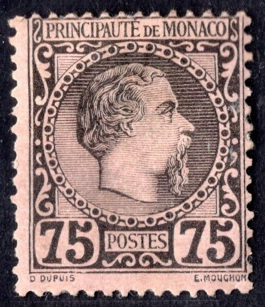 MONACO 1885 SCOTT #8 75C. MINT HINGED APPEARS TO HAVE A LIGHT THIN UNDER HINGE