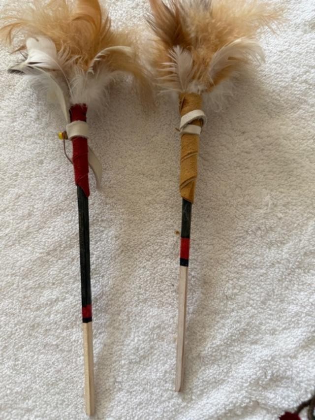Lot of 2 Native American Indian Talking Sticks 10" Feathers