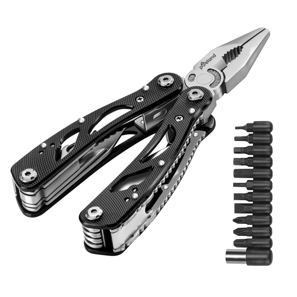 Multitool Pliers Set Stainless Steel with 11 Screwdriver Bits Black