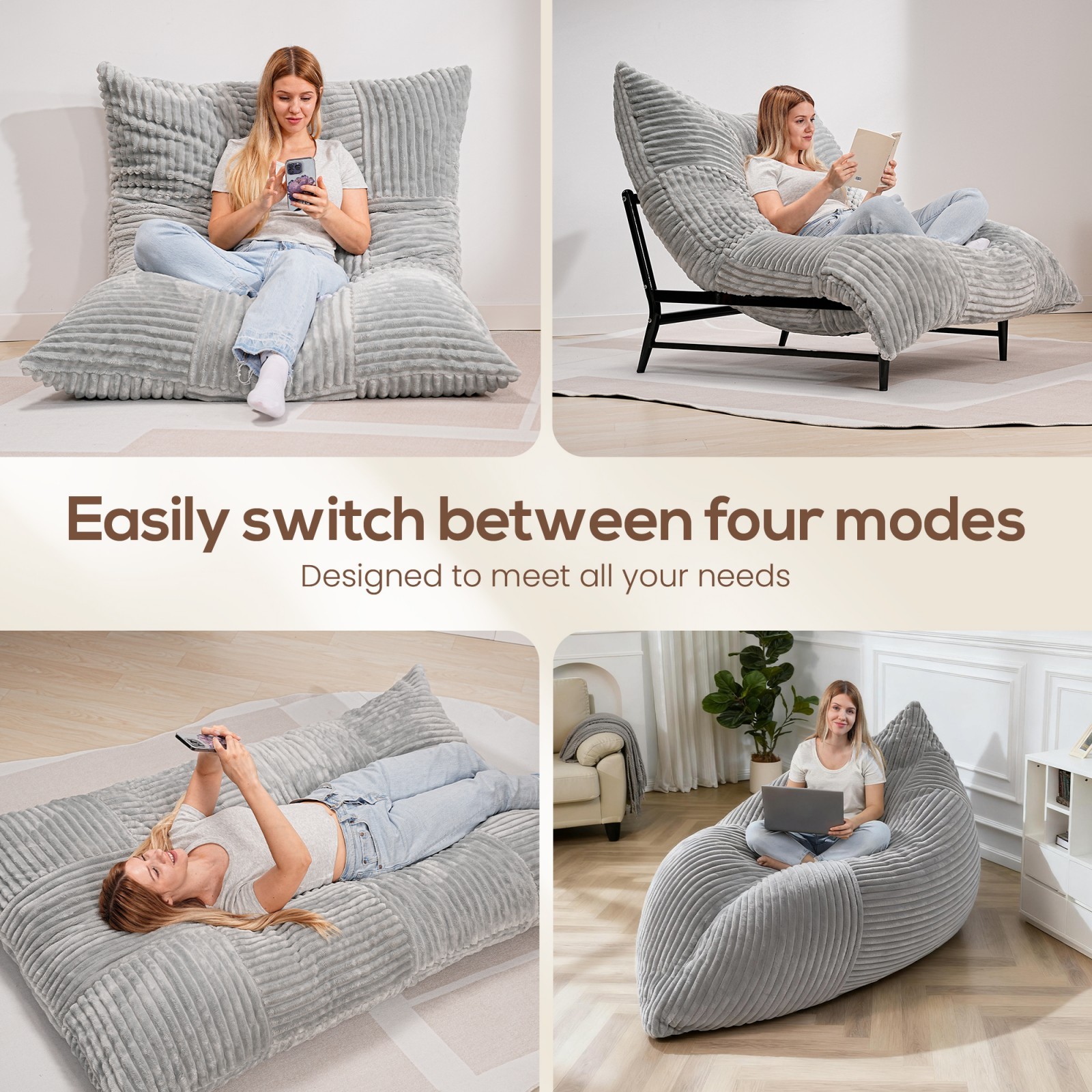 Bean Bag Chair Giant Lounge Chair with Metal Base for Living Room Lazy Sofa Bed