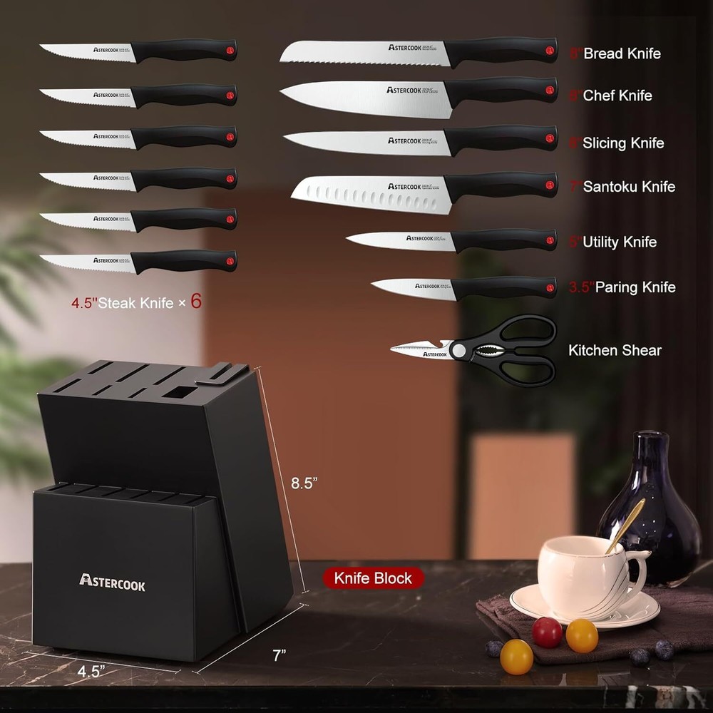 Knife Set, 15-Piece Kitchen Knife Set with Built-in Knife Sharpener