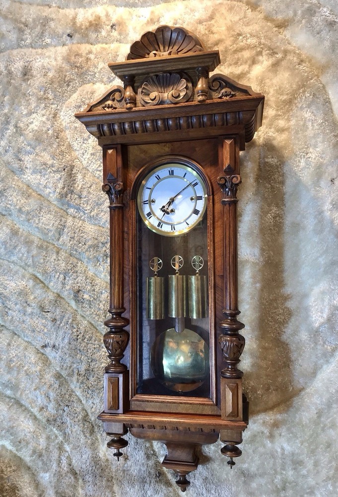 Rare Small Size,Antique Germany Wall Strike Clock,3 Brass Weights,walnut Case,