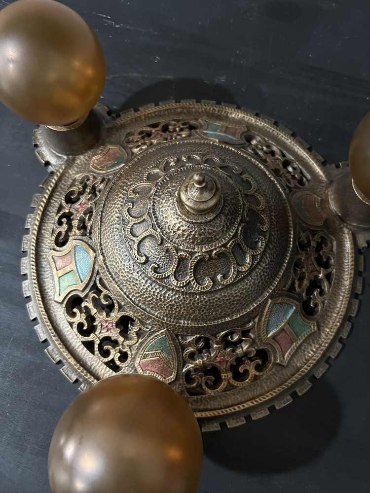 Antique polychrome three bulb flush mount ceiling fixture 33B