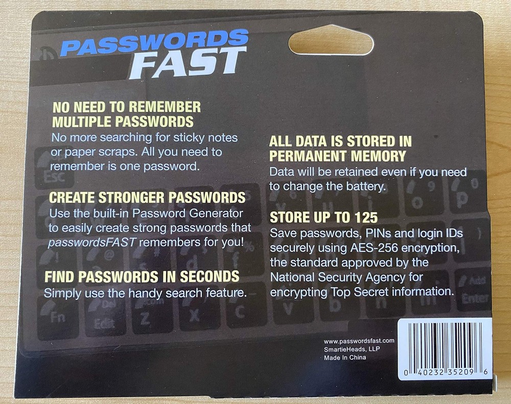 passwordsFAST Compact Offline Password Keeper (Encrypted)
