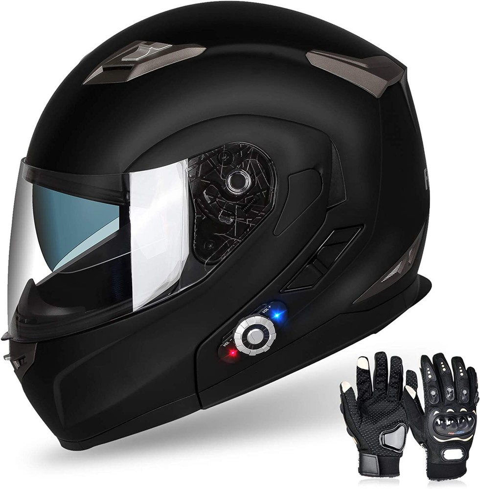 Motorcycle Helmet Modular Dual Visor & Bluetooth Headset Intercom & Gloves DOT