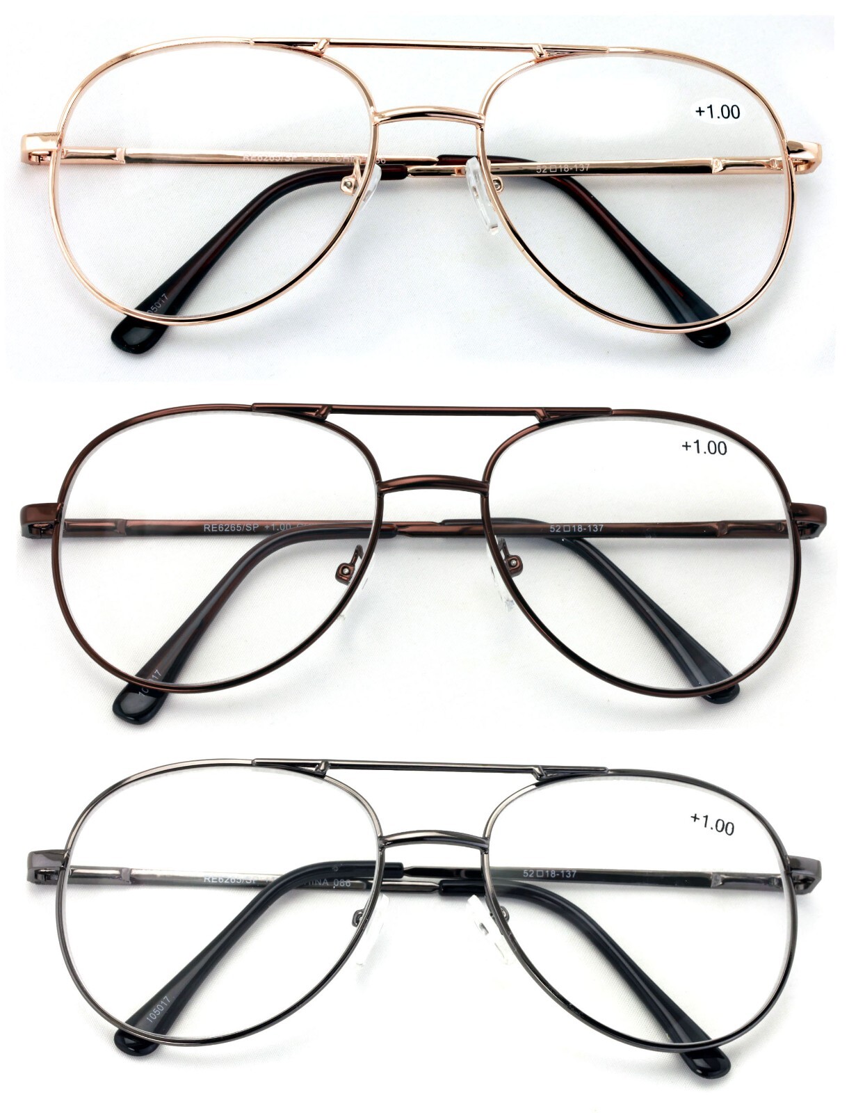 3 Pairs Metal Aviator Reading Glasses - Spring Hinge Tear Drop Reader gold brown