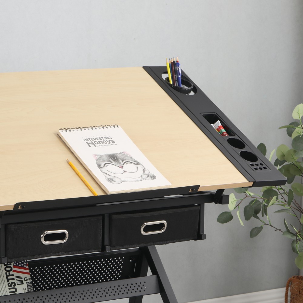 Art Drawing Desk Set - Adjustable Table & Stool - 2 Drawers，Tilting Top