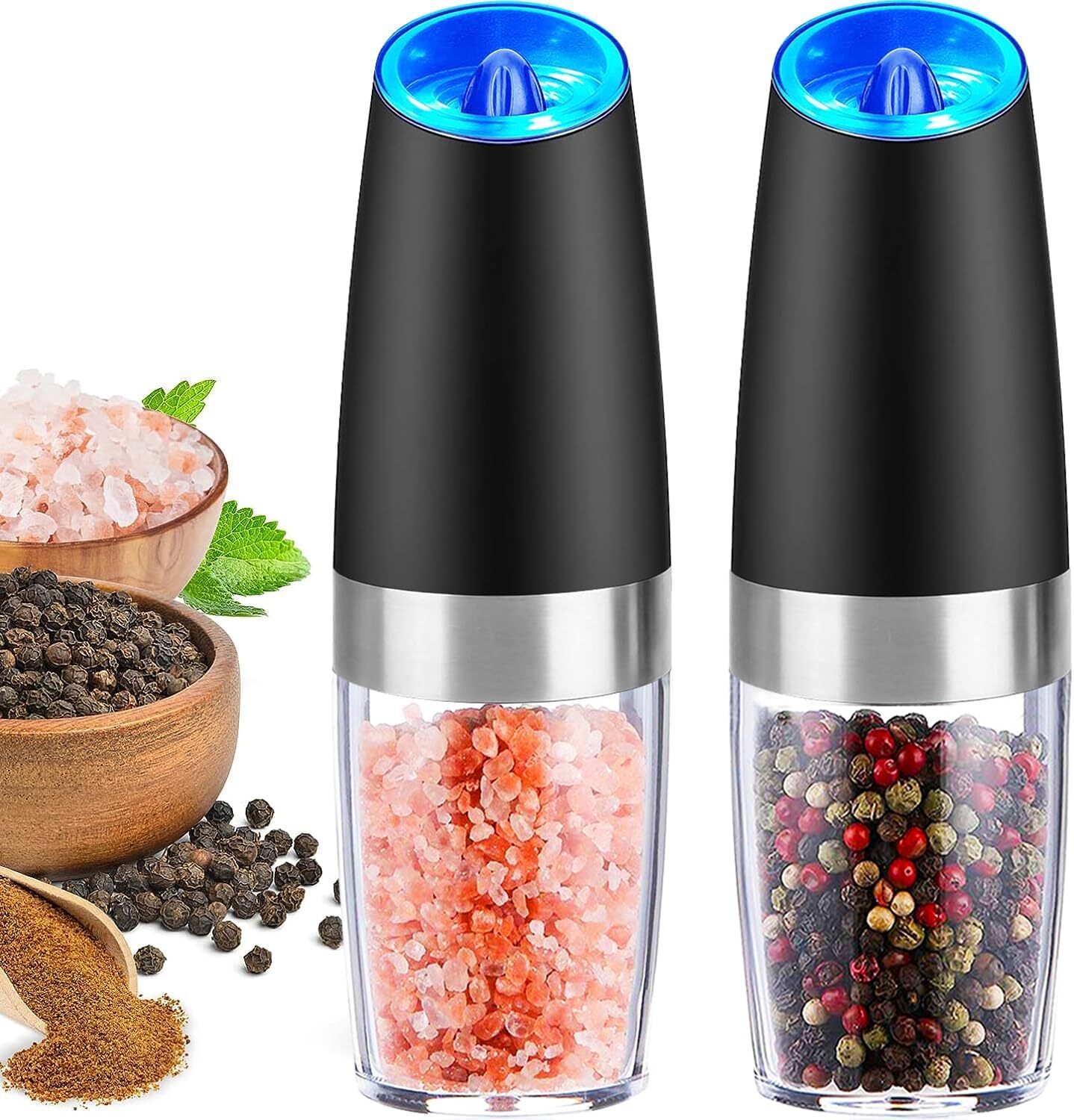 2 Pack Gravity Electric Salt and Pepper Grinder Mill Shaker Adjustable Automatic