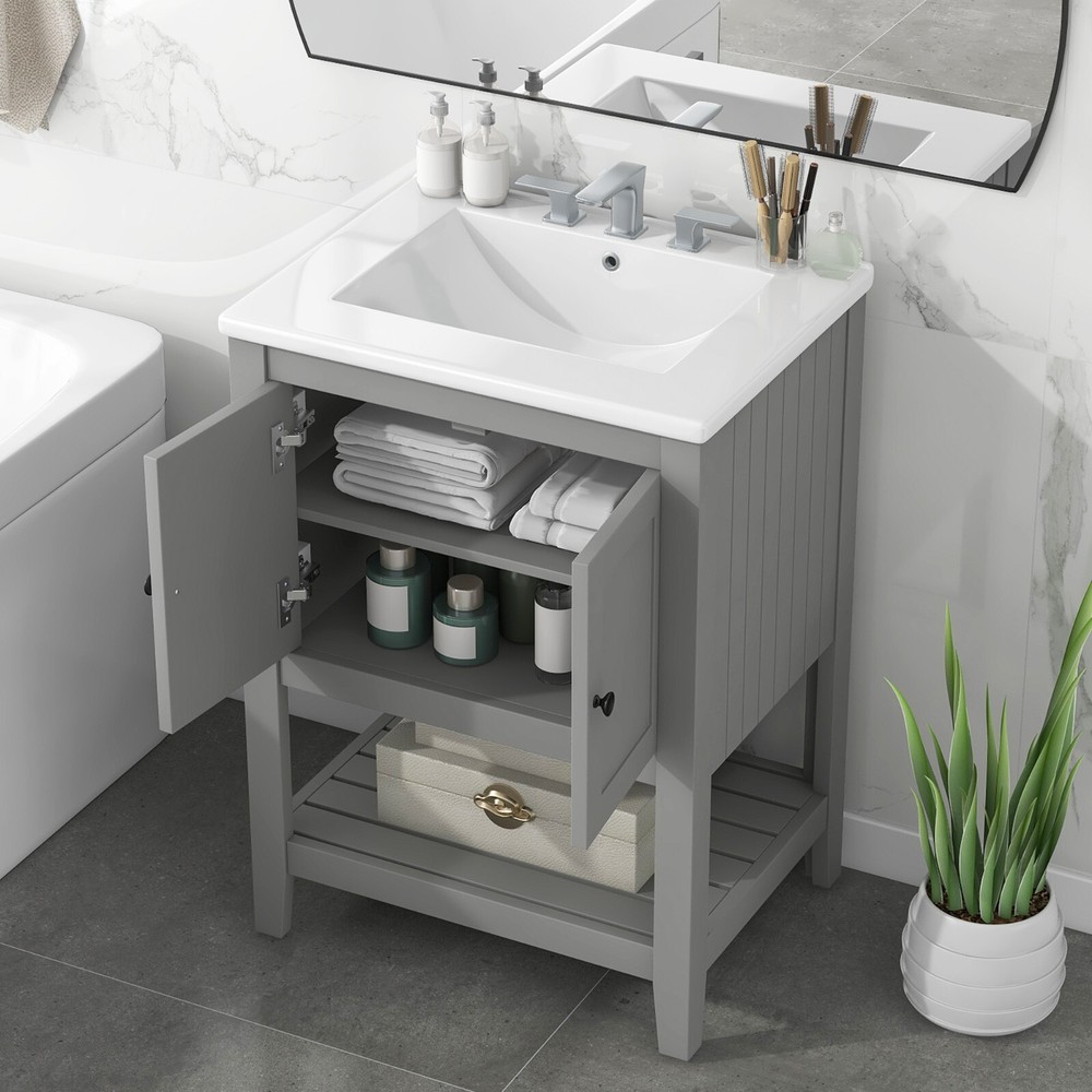 24" Modern Bathroom Vanity - Solid Wood Frame, Semilune Ceramic Sink, Open Shelf