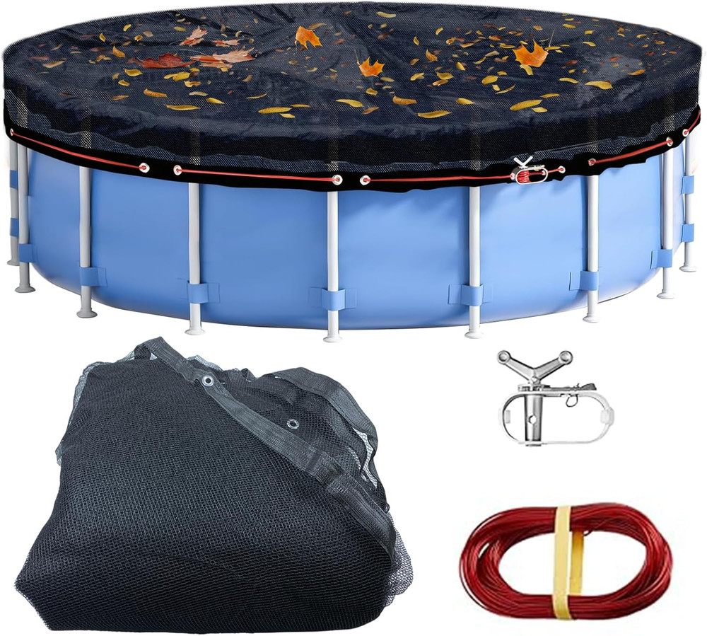 18Ft Black Mesh Leaf Net Cover with Winch & Cable for Above Ground Pools