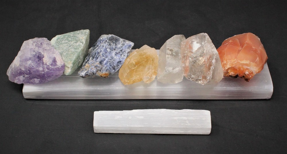 7 Rough Crystal Chakra Set + 6" Selenite Charging Plate + Directions (MEDIUM)